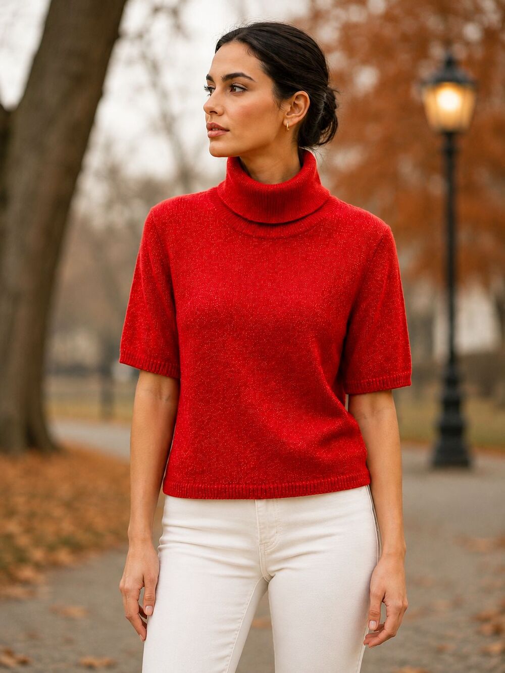 Talbots Women’s L Red Wool Blend Metallic Gold Turtleneck Short Sleeve Sweater